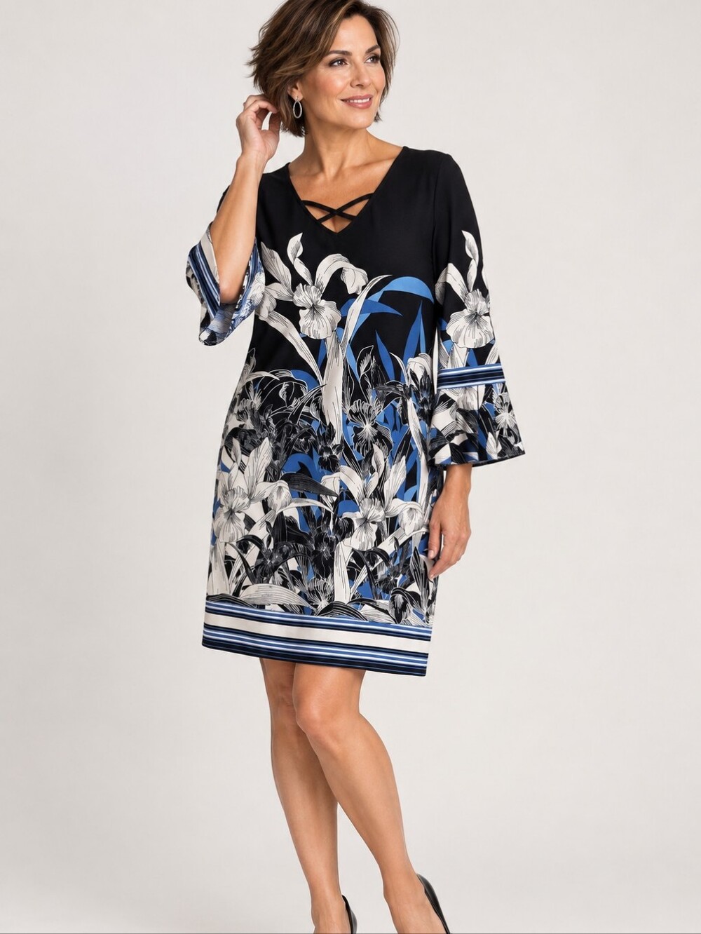 Fever XL Black Blue Floral Dress Criss Cross V Neck Bell Sleeve Stretch